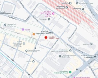 Map of Heidelberg featuring the main train station, the Heidelberg Congress Center, and surrounding streets and facilities.