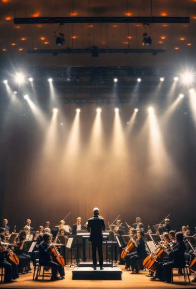 An orchestra is playing on a stage, led by a conductor, surrounded by spotlights and a festive atmosphere.