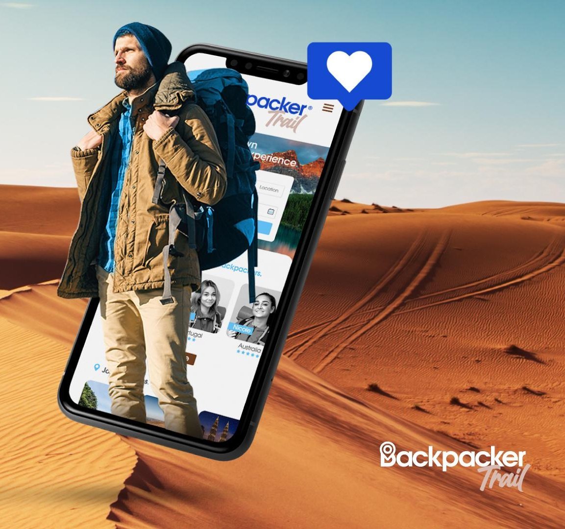 Ein Mann mit Rucksack steht in einer Wüstenlandschaft, während er auf ein Smartphone schaut, das eine App für Backpacker zeigt. Text: "Die größte Plattform für Backpacker."