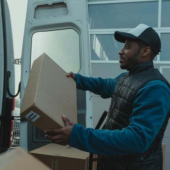 Ein Lieferfahrer hebt ein Paket aus einem Lieferwagen, umgeben von weiteren Kartons. Er trägt eine schwarze Weste und eine Mütze, während er konzentriert arbeitet.