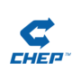 Blaues Logo mit zwei Pfeilen, die in entgegengesetzte Richtungen zeigen, und dem Schriftzug "CHEP" darunter.