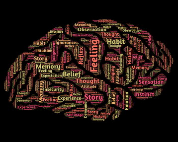 Word cloud in the shape of a brain, containing terms like 'feeling,' 'memory,' 'belief,' and 'history,' which are associated with human perception and experience.