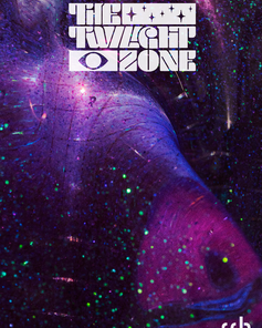 Text in auffälliger Schrift: "BACK INTO THE TWILIGHT ZONE". Bunte, glitzernde Hintergründe mit lila und grünen Tönen.