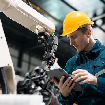 Ein Arbeiter in einem blauen Overall und einem gelben Helm bedient ein Tablet, während er einen Industrieroboter überwacht.