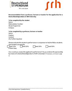 Empfehlungsformular für das Deutschlandstipendium an der SRH Universität, ausgefüllt von einem Studenten und einem Dozenten.