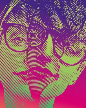 A stylized depiction of a person wearing glasses, whose face is divided into two halves. The colors are vibrant, ranging from purple to pink. The outlines are clear and illustrative, creating an artistic effect.