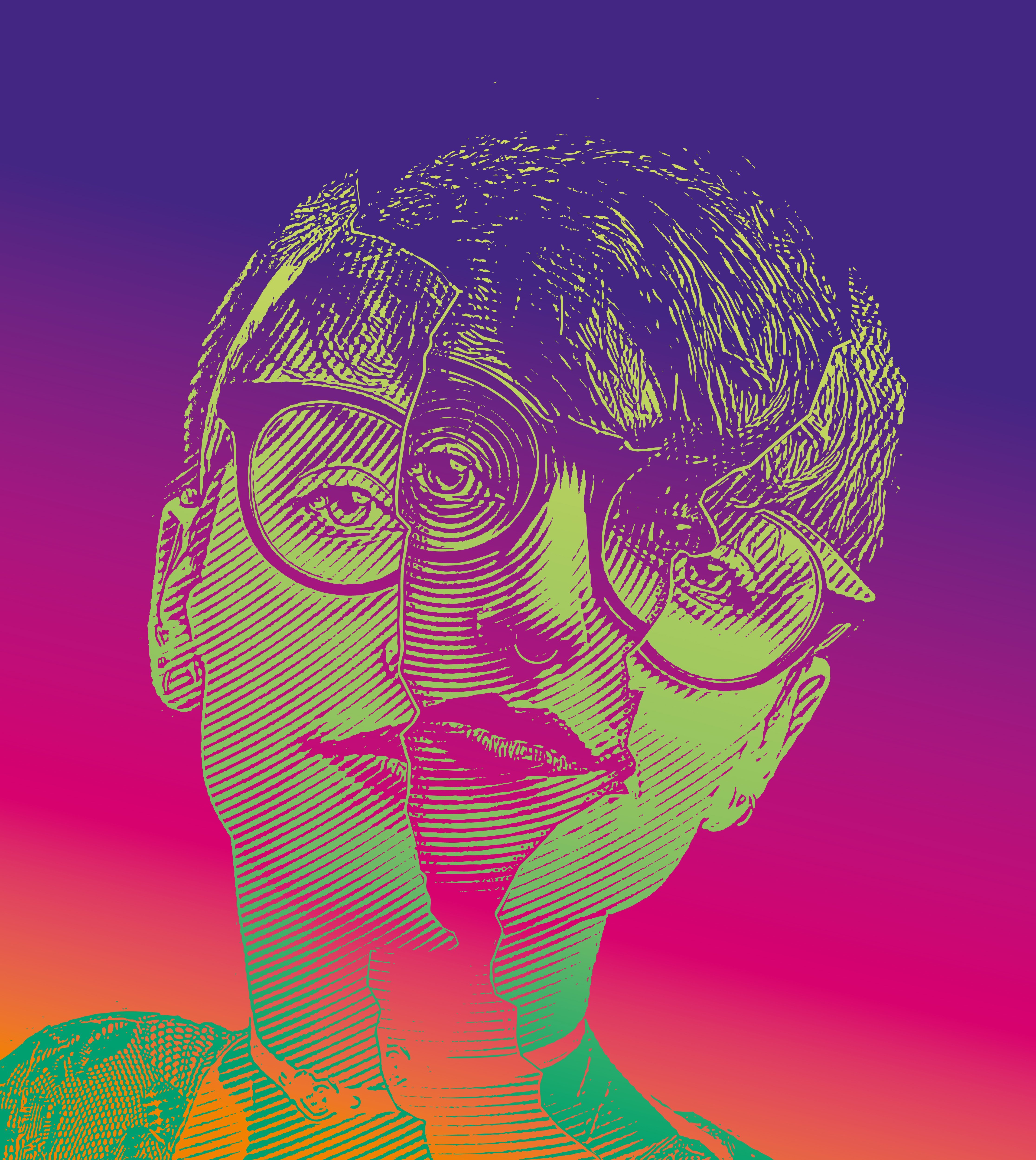 A stylized depiction of a person wearing glasses, whose face is divided into two halves. The colors are vibrant, ranging from purple to pink. The outlines are clear and illustrative, creating an artistic effect.