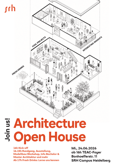 Architektur-Tag der offenen Tür mit verschiedenen Aktivitäten, Workshops und Ausstellungen, geplant für den 24. Juni 2026 am SRH Campus Heidelberg.