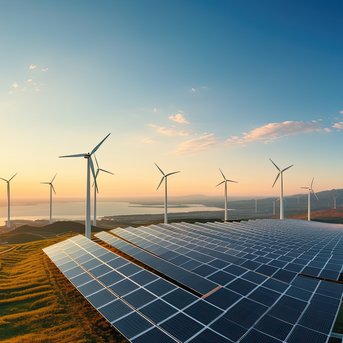 Windkraftanlagen und Solarpanels in einer Landschaft bei Sonnenuntergang, mit sanften Hügeln im Hintergrund.