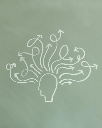 Ein Kopf-Symbol mit zahlreichen Pfeilen, die in verschiedene Richtungen zeigen, symbolisiert Gedanken oder Ideenfluss.