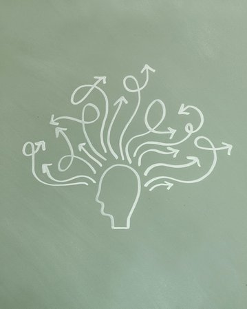 Ein Kopf-Symbol mit zahlreichen Pfeilen, die in verschiedene Richtungen zeigen, symbolisiert Gedanken oder Ideenfluss.