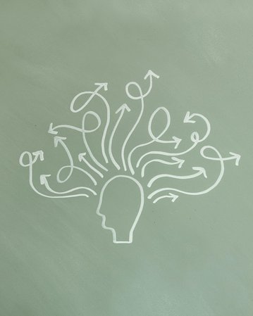 Ein Kopf-Symbol mit zahlreichen Pfeilen, die in verschiedene Richtungen zeigen, symbolisiert Gedanken oder Ideenfluss.