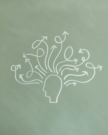 Ein Kopf-Symbol mit zahlreichen Pfeilen, die in verschiedene Richtungen zeigen, symbolisiert Gedanken oder Ideenfluss.