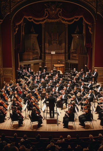 A large orchestra is performing on a stage in a historic theater with elegant architecture and illuminated boxes.