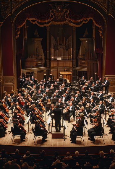 A large orchestra is performing on a stage in a historic theater with elegant architecture and illuminated boxes.