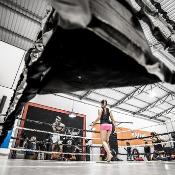Eine Person steht im Boxring, während im Hintergrund weitere Sportler und Trainingsgeräte sichtbar sind.