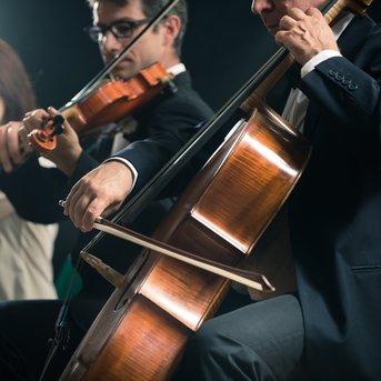 Musicians are playing in an ensemble, including a violinist, a cellist, and a flutist, as they focus intently on their music.