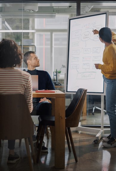 A group of five people in a meeting room, while one person presents at a flip chart.