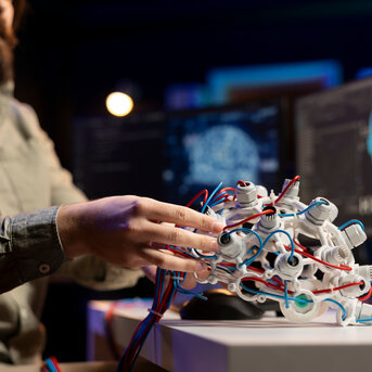 A person is sitting at a table, holding a complex, wired model in their hand, while computer screens are visible in the background.