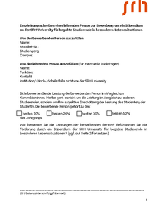 Empfehlungsschreiben für ein Stipendium an der SRH University, einschließlich Felder zur Bewertung der Leistung und Kontaktdaten des Lehrenden.