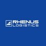 Logo von Rhenus Logistics auf blauem Hintergrund.