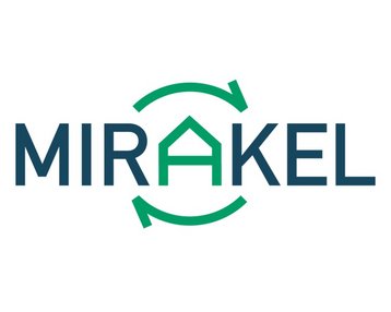 Logo of MIRAKEL featuring a stylized house and two arrows symbolizing a recycling process.