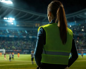 Eine Person in einer Warnweste beobachtet ein Fußballspiel im Stadion, während Spieler auf dem Feld aktiv sind.