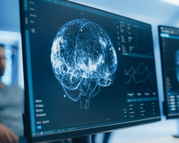 A screen displays a digital representation of a brain with data analyses and graphs. In the background, a person is seated.