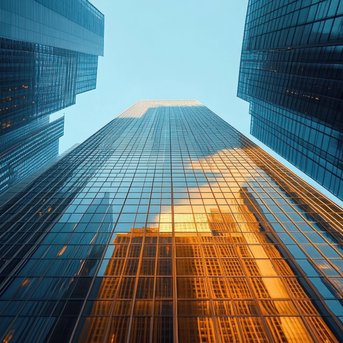 Skyscrapers made of glass and steel reaching into the sky, with reflective surfaces and a clear blue sky in the background.