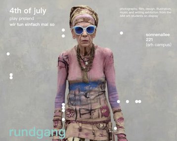 An older woman wearing colorful clothing and sunglasses is standing with walking sticks. In the background, there is information about an exhibition and a tour.