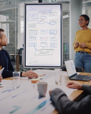A person stands in front of a flip chart presenting information. Six people are seated at a table, listening attentively. Laptops and drinks are spread across the table, while notes and diagrams are visible.