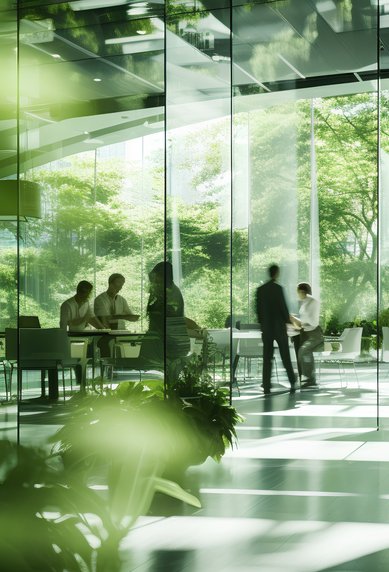 Modern office environment with large windows that let in plenty of natural light. People are working and interacting in a bright, green space.
