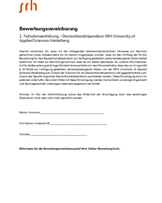 Bewerbungsvereinbarung für das Deutschlandstipendium der SRH Hochschule Heidelberg, einschließlich Datenschutzinformationen und Unterschriftsfeld.