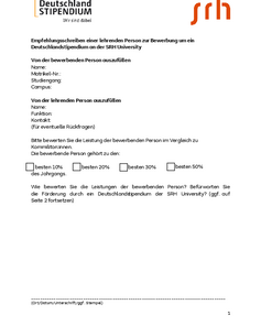 Empfehlungsschreiben für das Deutschlandstipendium an der SRH University, mit Feldern zur Ausfüllung für Bewerber und Lehrende.