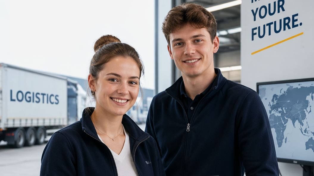 Zwei junge Personen in Arbeitskleidung lächeln in einem Logistikzentrum. Im Hintergrund ist ein Lkw mit der Aufschrift "LOGISTICS" zu sehen.